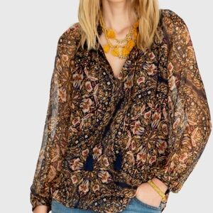 Johnny Was Navy and Gold Floral Blouse